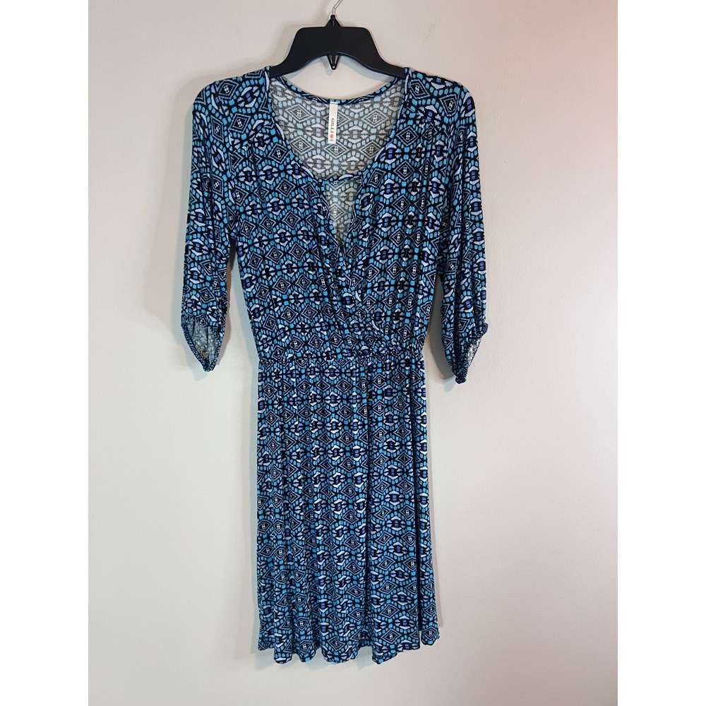 Gilli Blue Black Geometric Tribal Print Surplice Wrap Dress Small